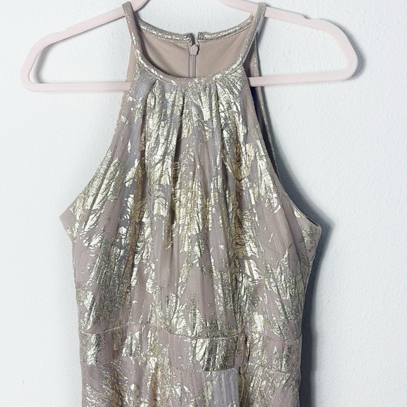 Aqua Formal Floral Print Foil Halter Gown Metallic Gold Beige size 10 - Picture 7 of 16